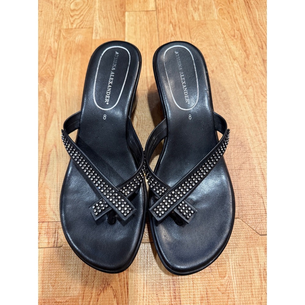 Athena Alexander Black Rhinestone Wedge Thong Sandals Womens Size 8 Sparkle Heel